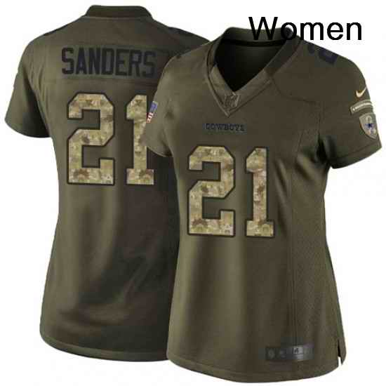 Womens Nike Dallas Cowboys 21 Deion Sanders Elite Green Salute to Service NFL Jersey